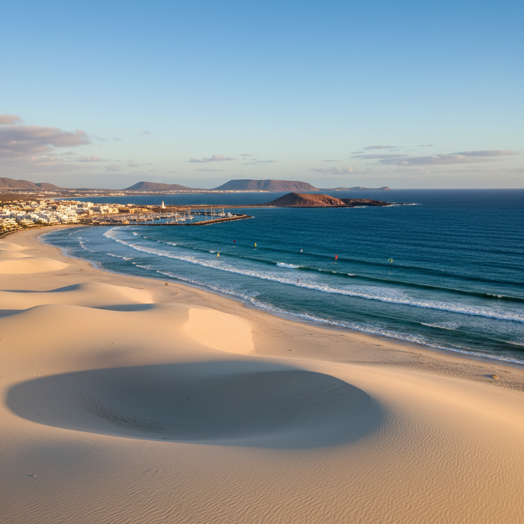 Stunning beach sunset in Corralejo, Spain with waves.