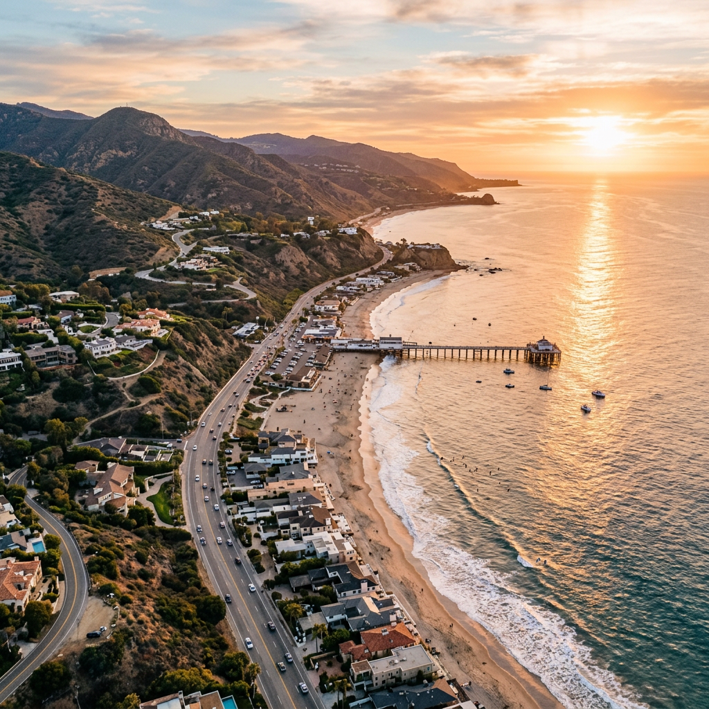 Aerial view of Malibu California Pacific Coast Highway and beaches at golden hour