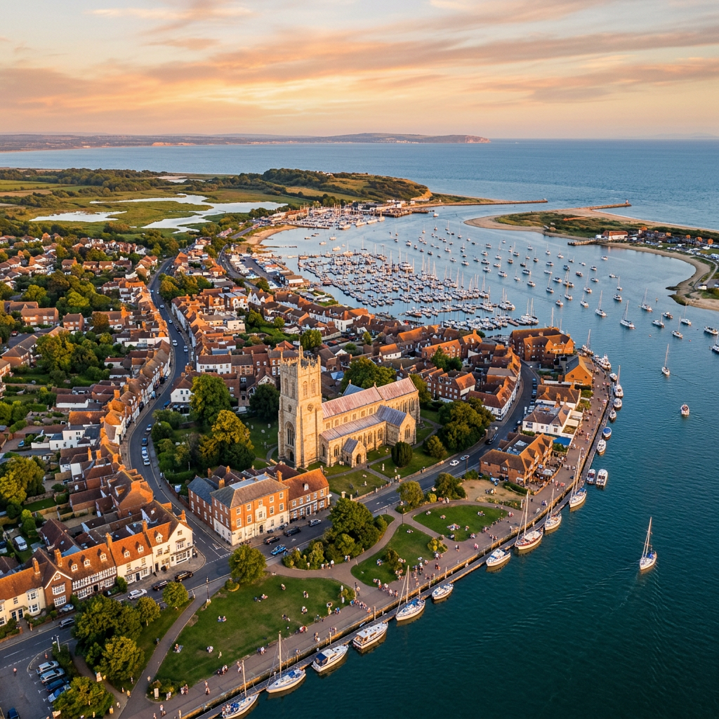 Aerial view of Christchurch, Dorset at golden hour