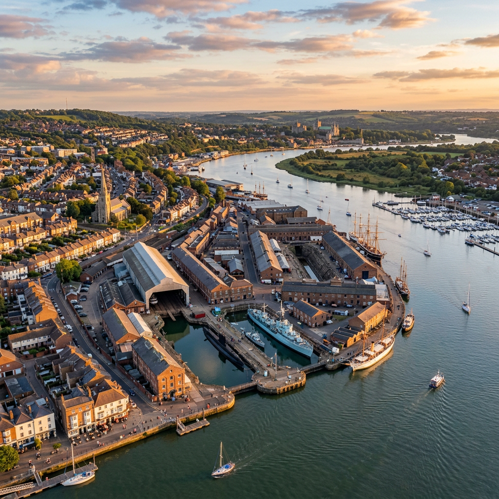 Aerial view of Chatham, Kent at golden hour