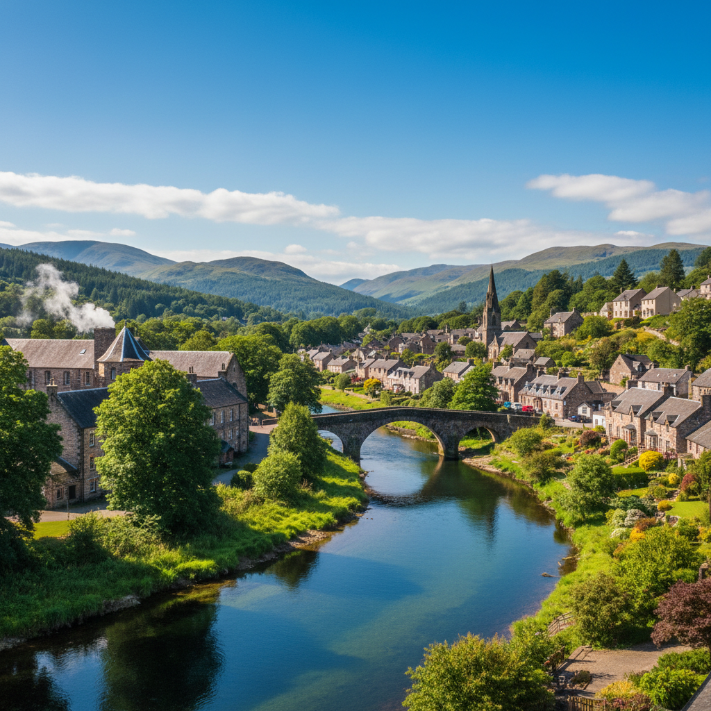Scenic view of Charlestown, Aberlour, Scotland at sunset.