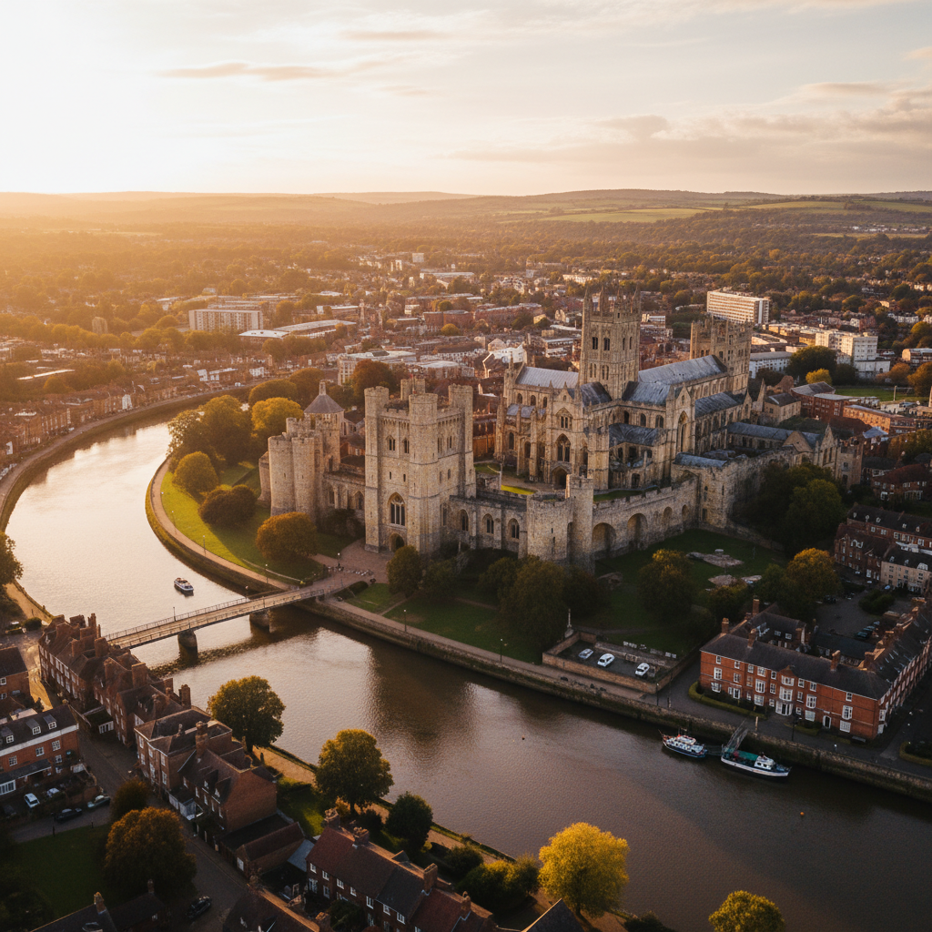 Aerial view of Rochester Castle and Cathedral, Kent at golden hour
