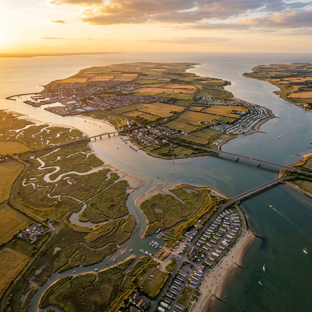 Aerial view of Isle of Sheppey, Kent at golden hour