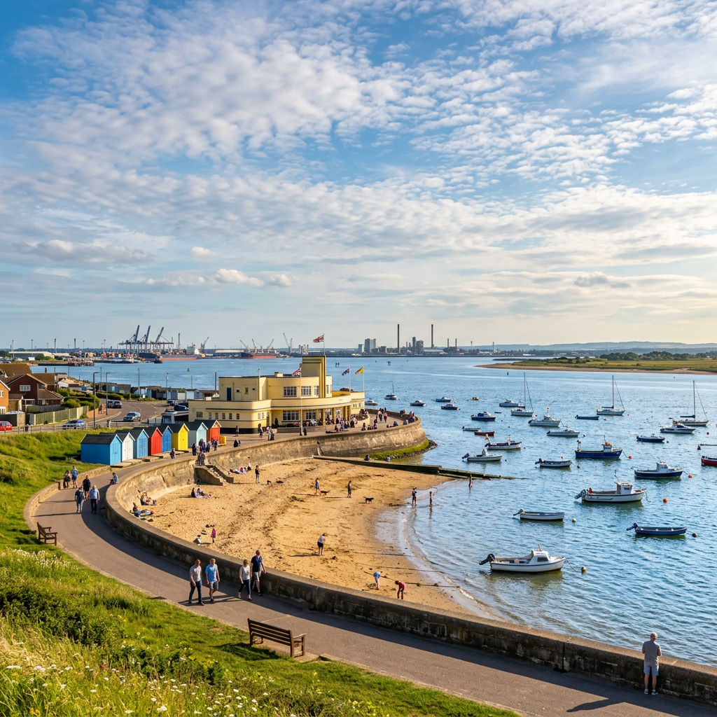 Scenic view of Canvey Island, England with coastal landscape.