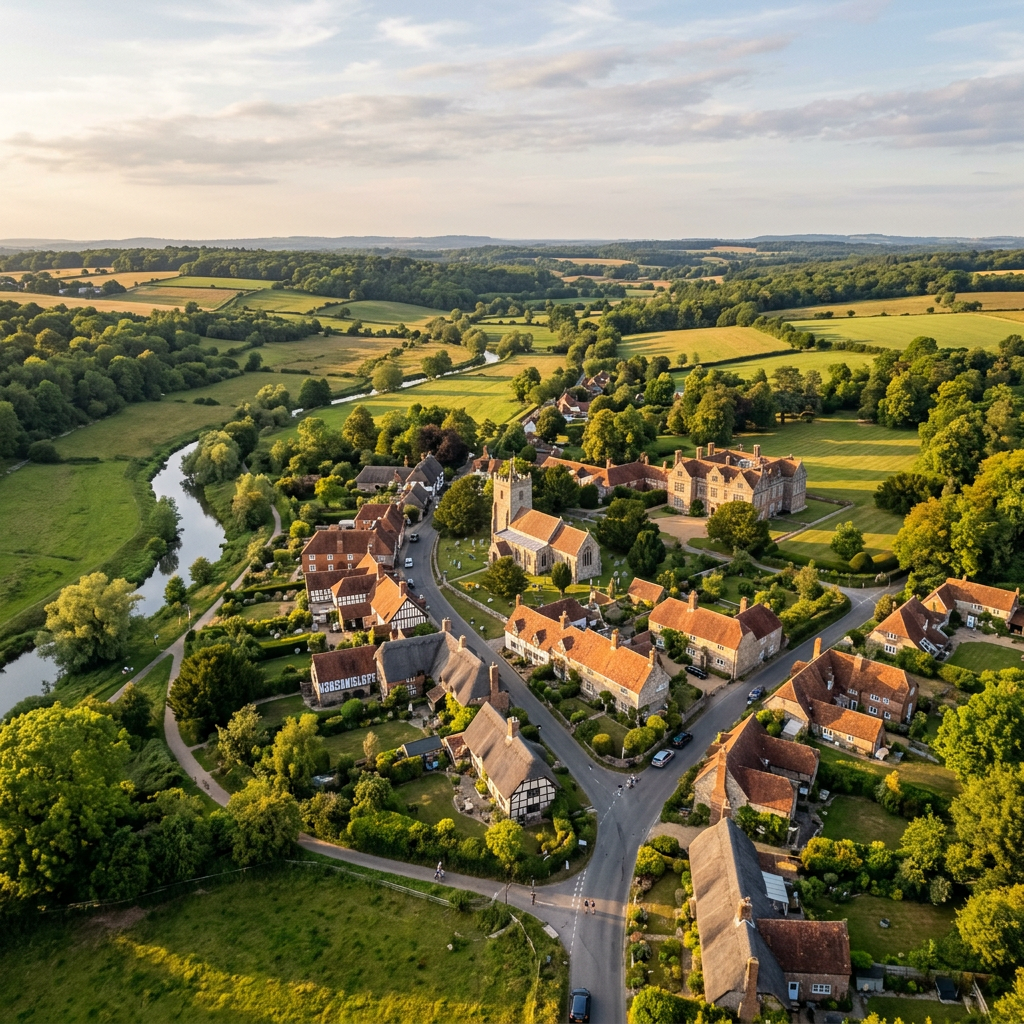Aerial view of Breamore, Hampshire at golden hour