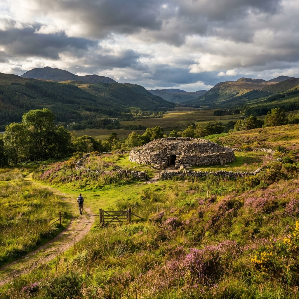 Lush green hills and ancient stones in Corrimony, Scotland.