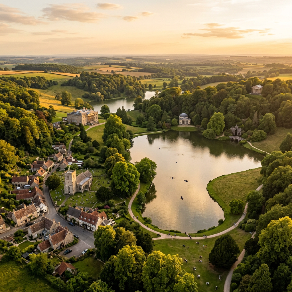 Aerial view of Stourton, Wiltshire with Stourhead garden at golden hour