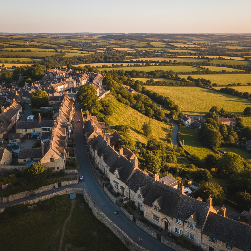 Aerial view of Shaftesbury and Gold Hill, Dorset at golden hour