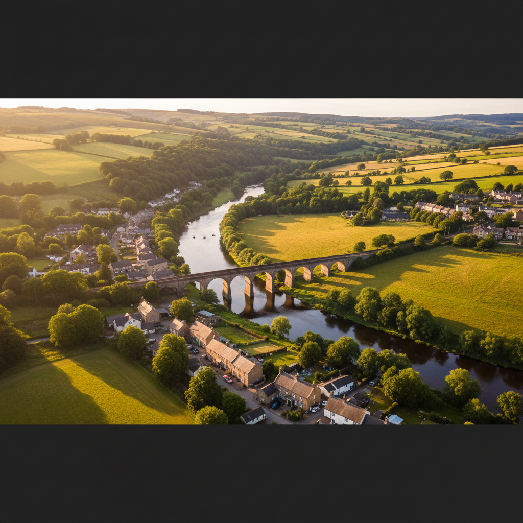 Aerial view of Wetheral, Cumbria at golden hour