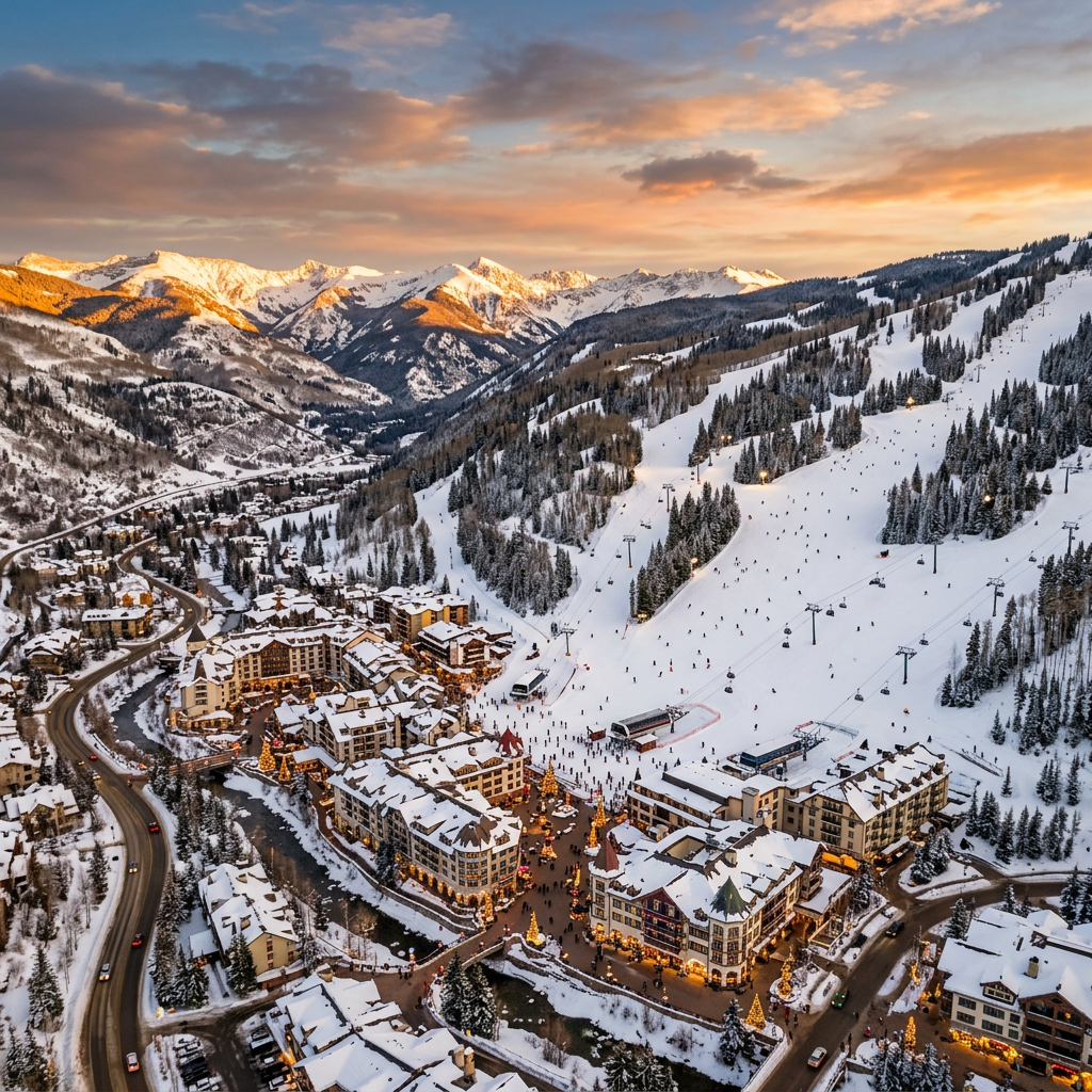 Aerial view of Vail Colorado ski resort village and Rocky Mountains at golden hour