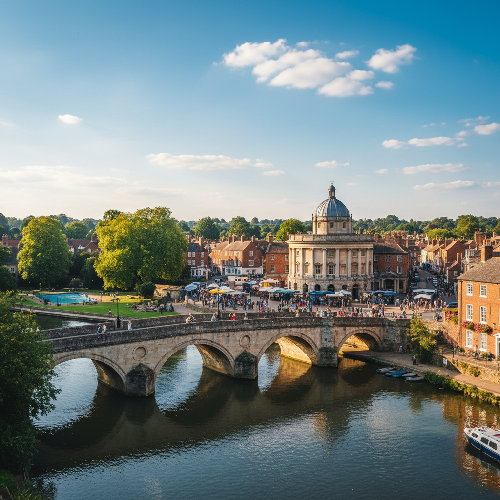 Scenic view of Abingdon, England with historic buildings.