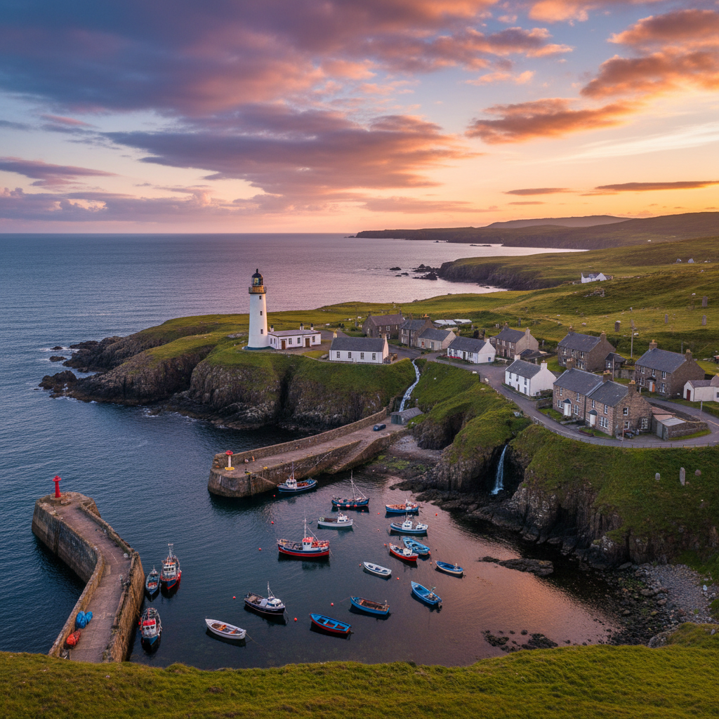 Scenic view of Lybster, Scotland with coastal cliffs and sea.