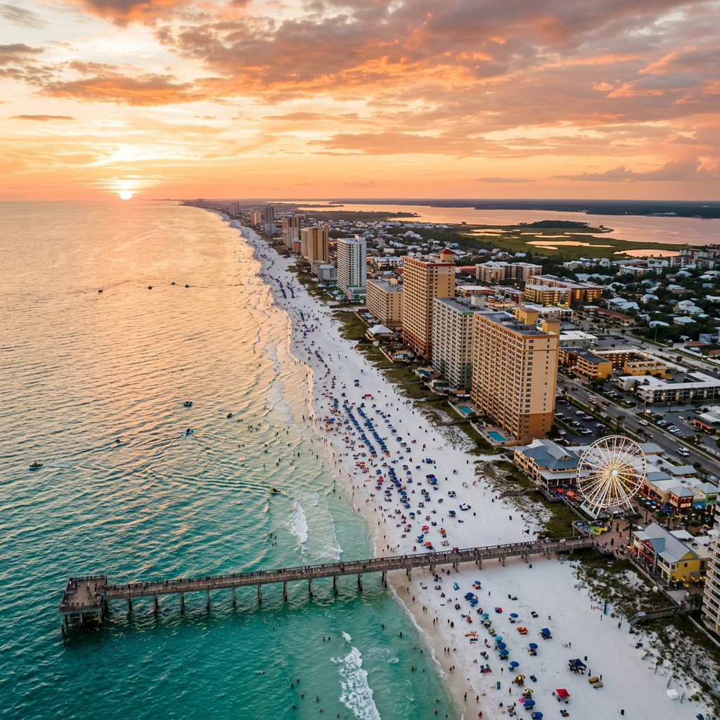 Aerial view of Panama City Beach Florida emerald coast at golden hour