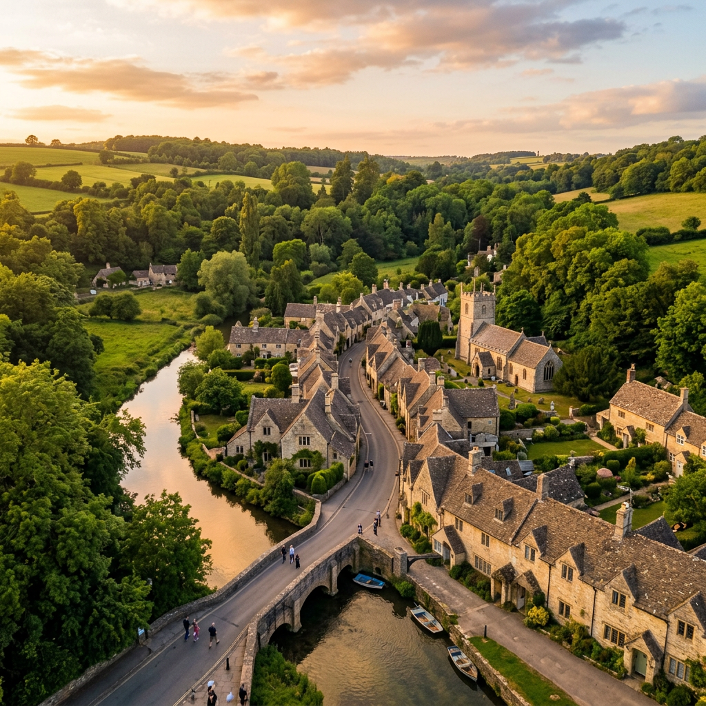Aerial view of Castle Combe, Wiltshire at golden hour