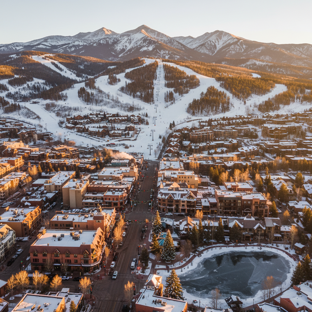 Aerial view of Park City Utah ski resort and Wasatch Mountains at golden hour