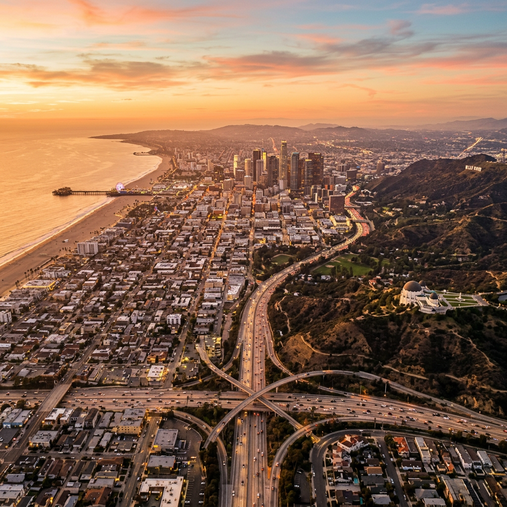 Aerial view of Los Angeles California cityscape and coastline at golden hour