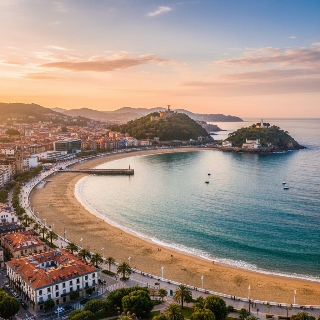 Scenic view of San Sebastian's coastline and lush hills.
