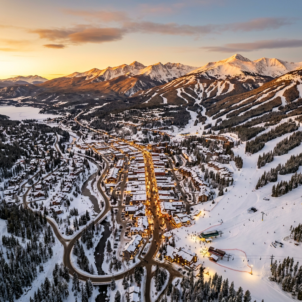 Aerial view of Breckenridge Colorado ski resort and Victorian town at golden hour