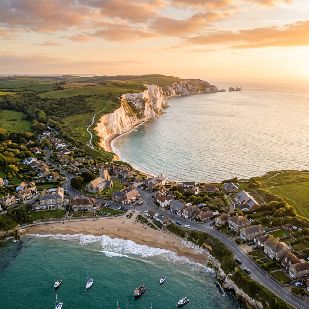 Aerial view of Freshwater, Isle of Wight at golden hour