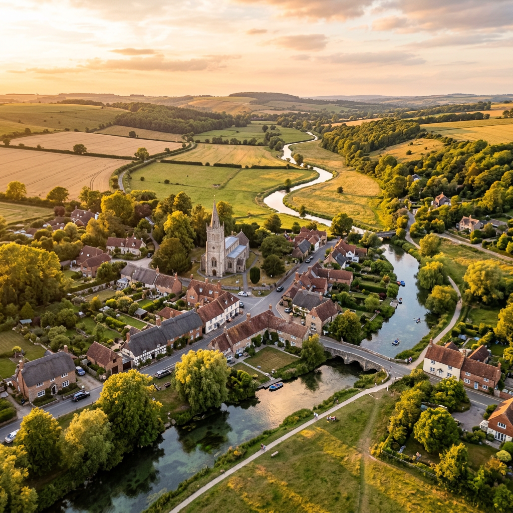 Aerial view of Ramsbury, Wiltshire chalk stream village at golden hour