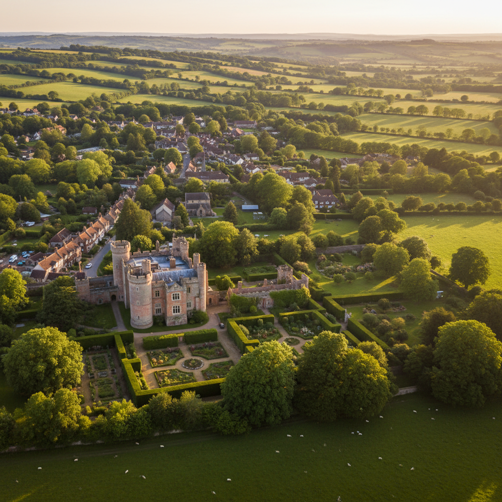 Aerial view of Sissinghurst, Kent at golden hour