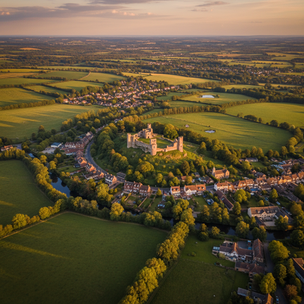 Aerial view of Donnington, Berkshire at golden hour