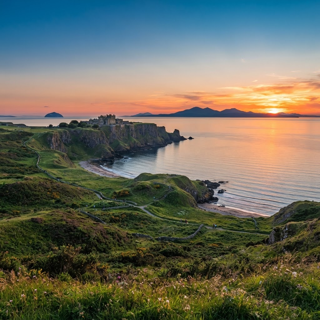  Scenic view of Ayrshire coastline with colorful sunset