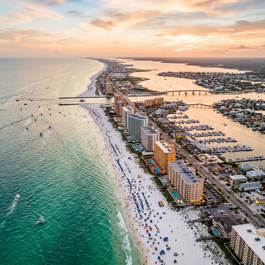 Aerial view of Orange Beach Alabama Gulf Coast and Perdido Pass at golden hour
