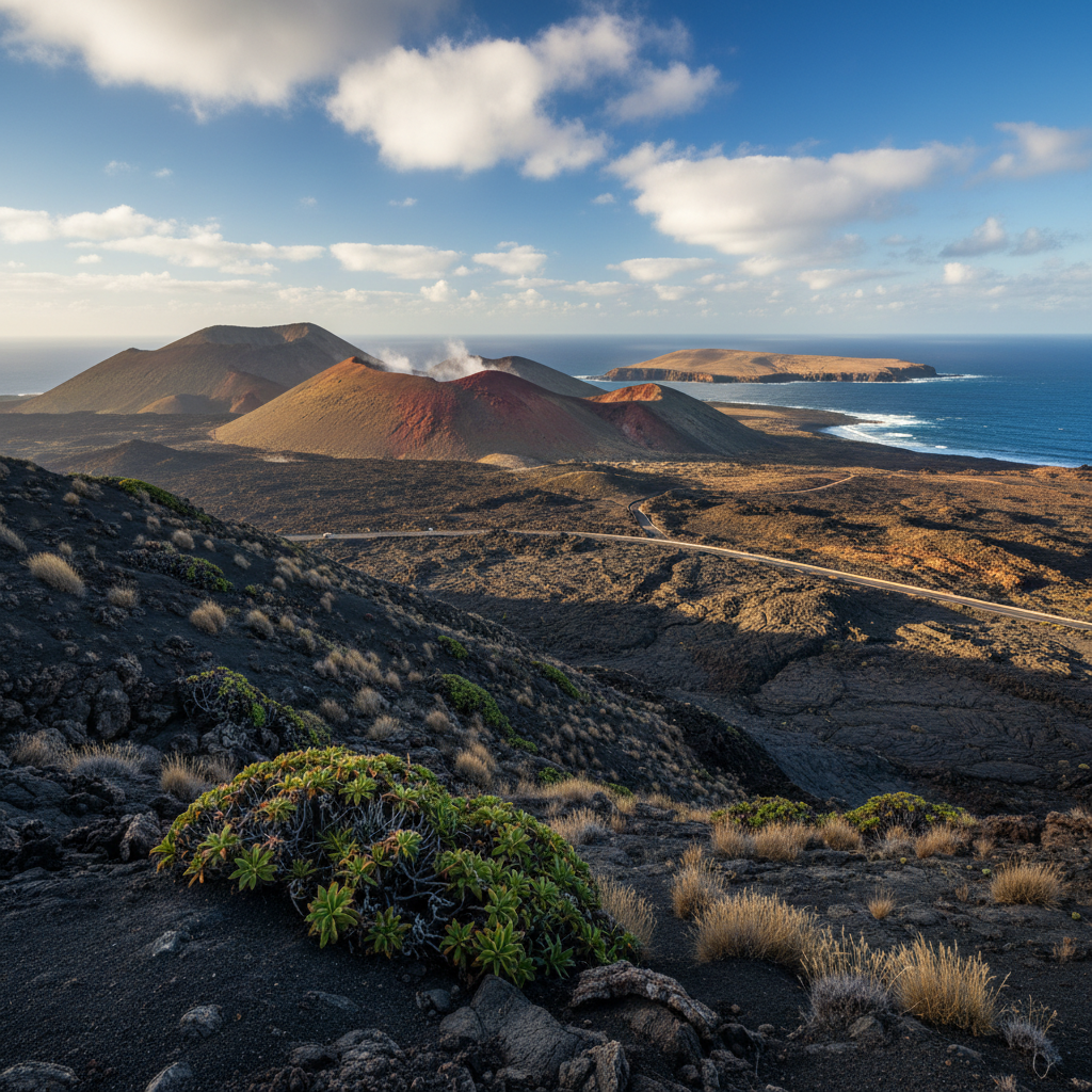 Vibrant volcanic landscape of Lanzarote, Spain at sunset.