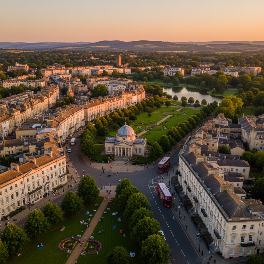 Aerial view of Cheltenham, Gloucestershire at golden hour