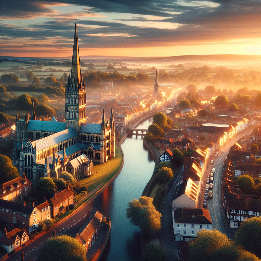 Aerial view of Salisbury Cathedral and city at golden hour