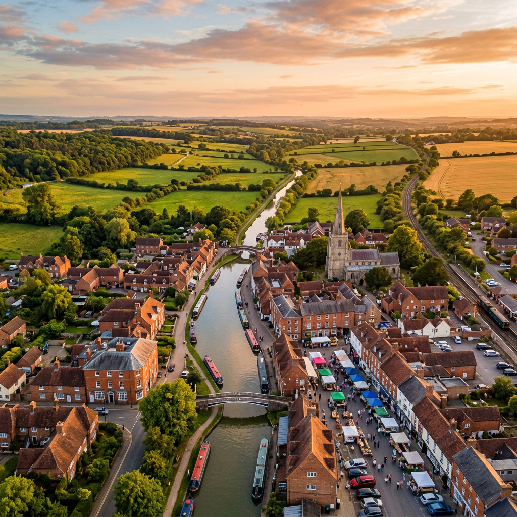 Aerial view of Hungerford, Berkshire at golden hour