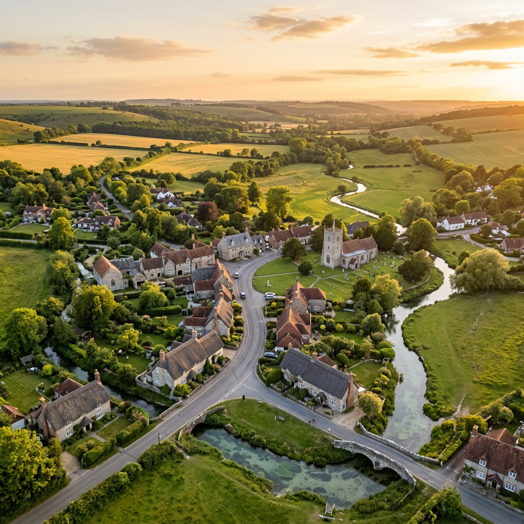 Aerial view of Hurstbourne Tarrant, Hampshire at golden hour