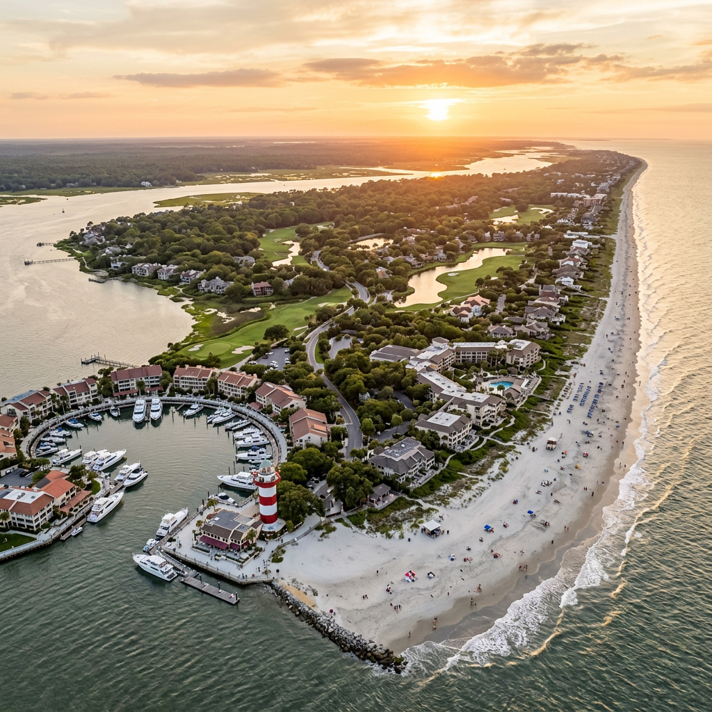 Aerial view of Hilton Head Island South Carolina beaches and golf courses at golden hour