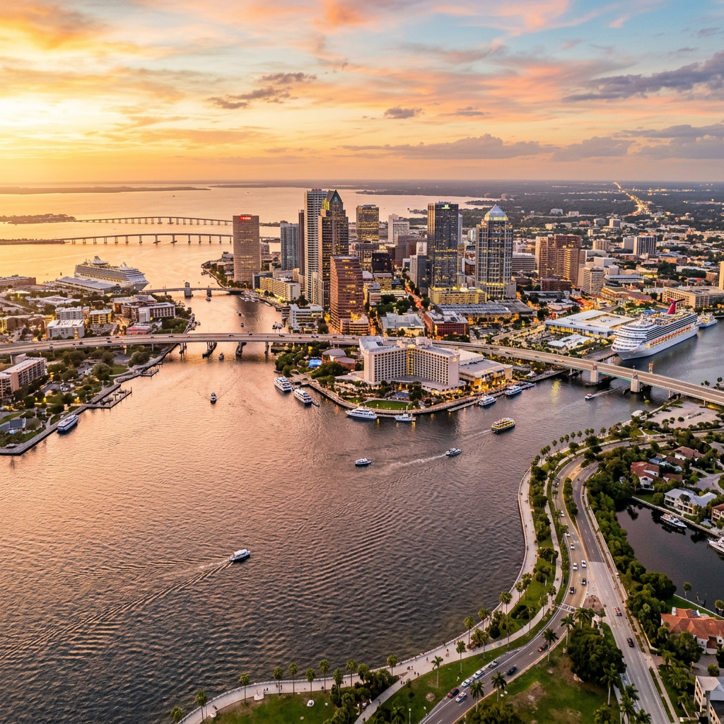 Aerial view of Tampa Bay and city skyline at golden hour