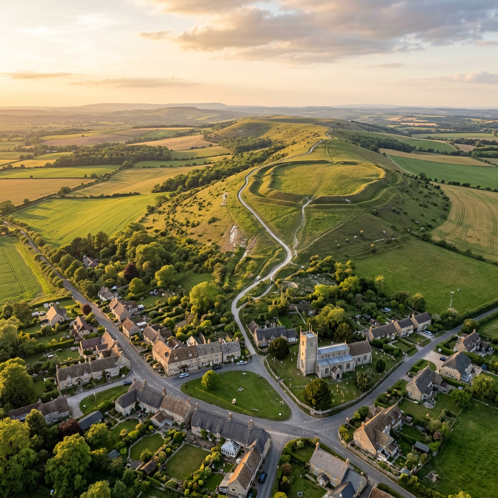 Aerial view of Liddington, Wiltshire with chalk downs at golden hour