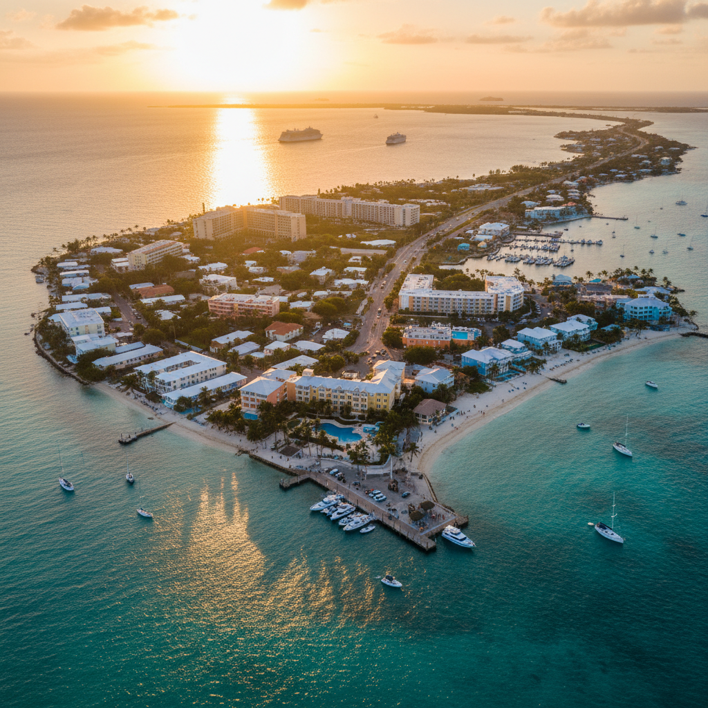 Aerial view of Key West island and turquoise waters at golden hour
