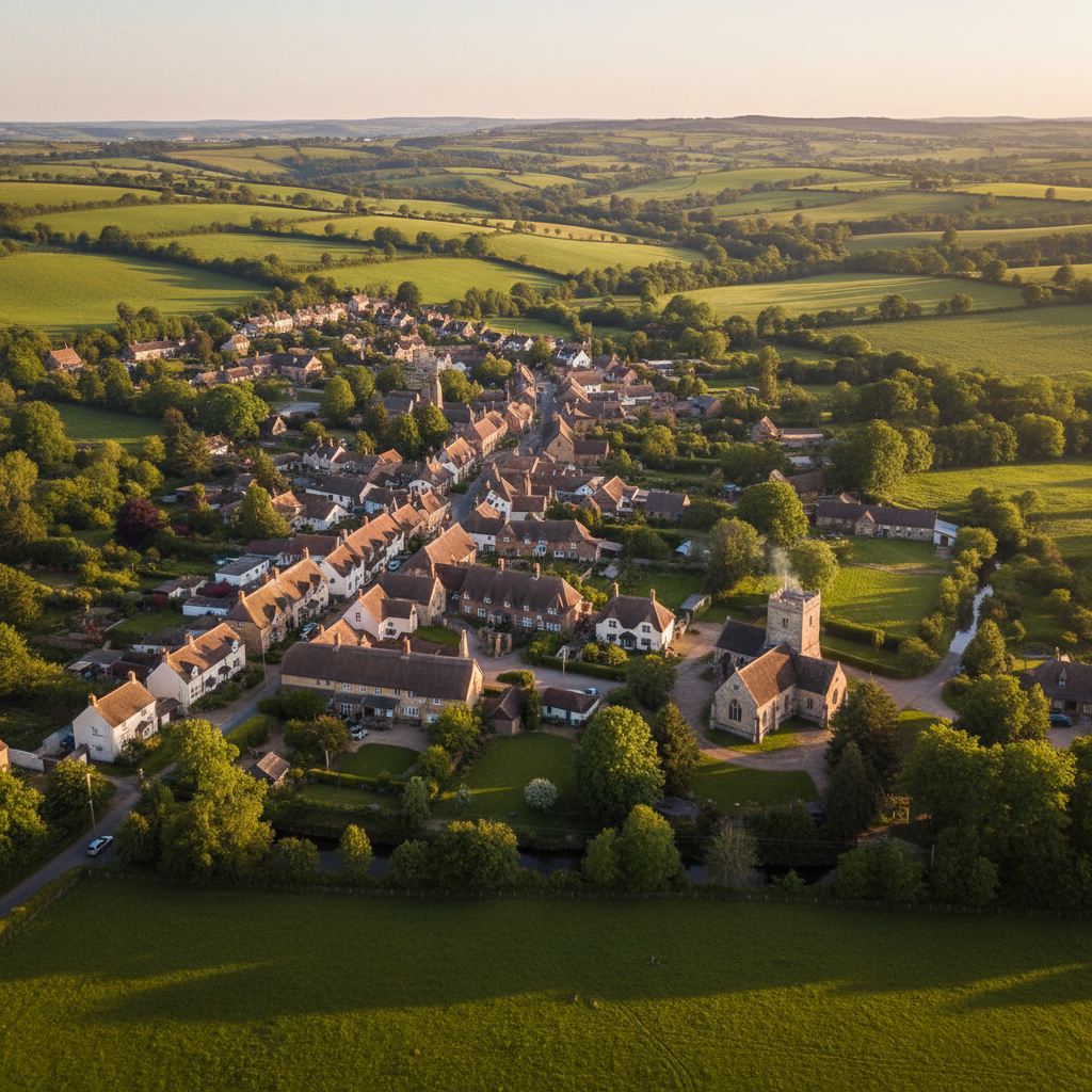 Aerial view of Marnhull, Dorset at golden hour