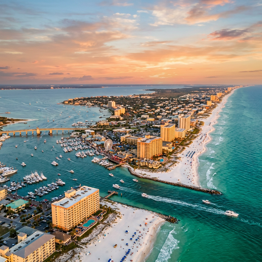 Aerial view of Destin Florida white sand beach and emerald Gulf waters at golden hour