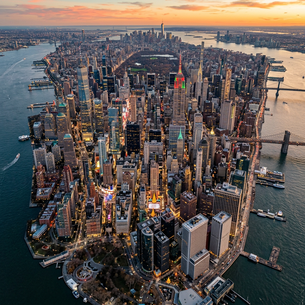 Aerial view of New York City Manhattan skyline and Central Park at golden hour