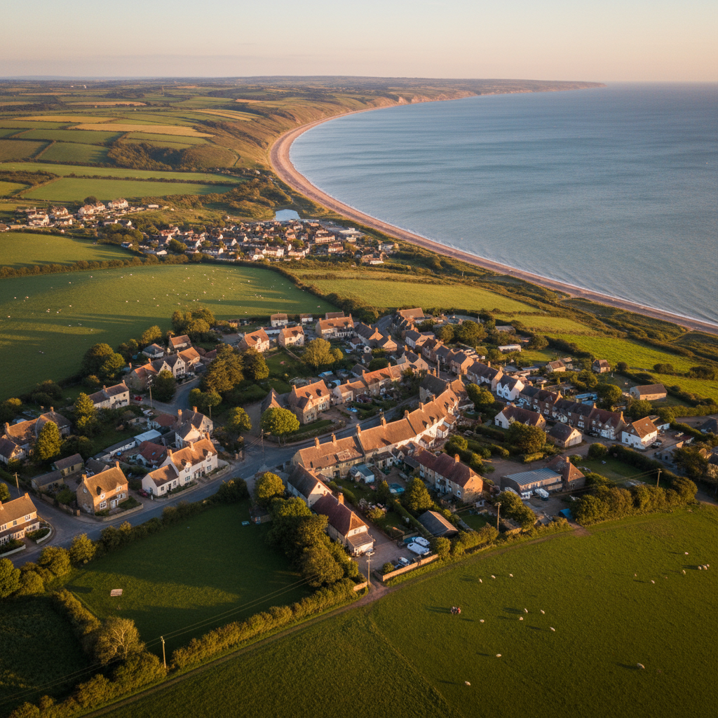 Aerial view of Portesham, Dorset at golden hour
