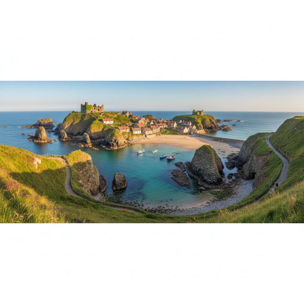 Scenic view of Collieston, Scotland with coastal cliffs.