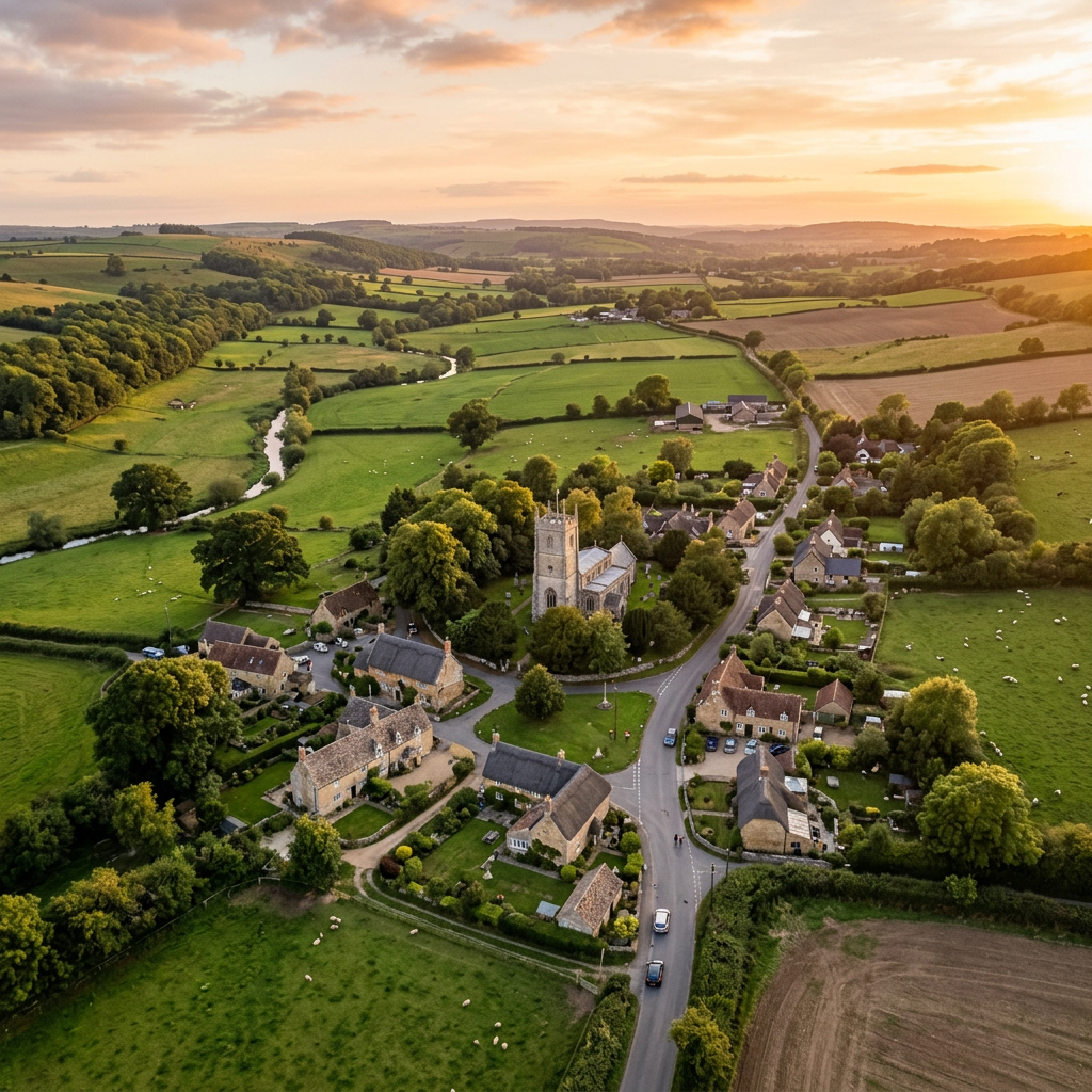 Aerial view of Bradford Abbas, Dorset at golden hour