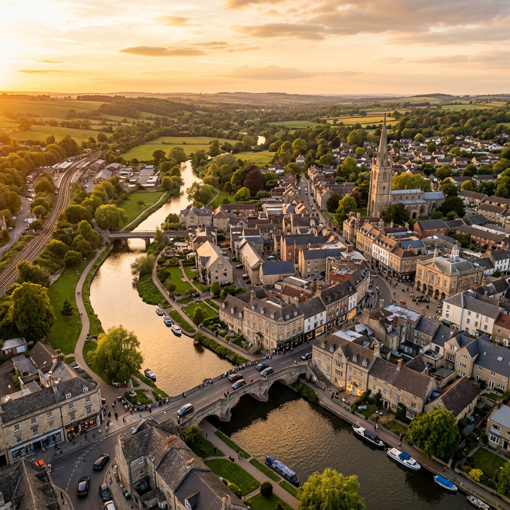 Aerial view of Chippenham, Wiltshire at golden hour