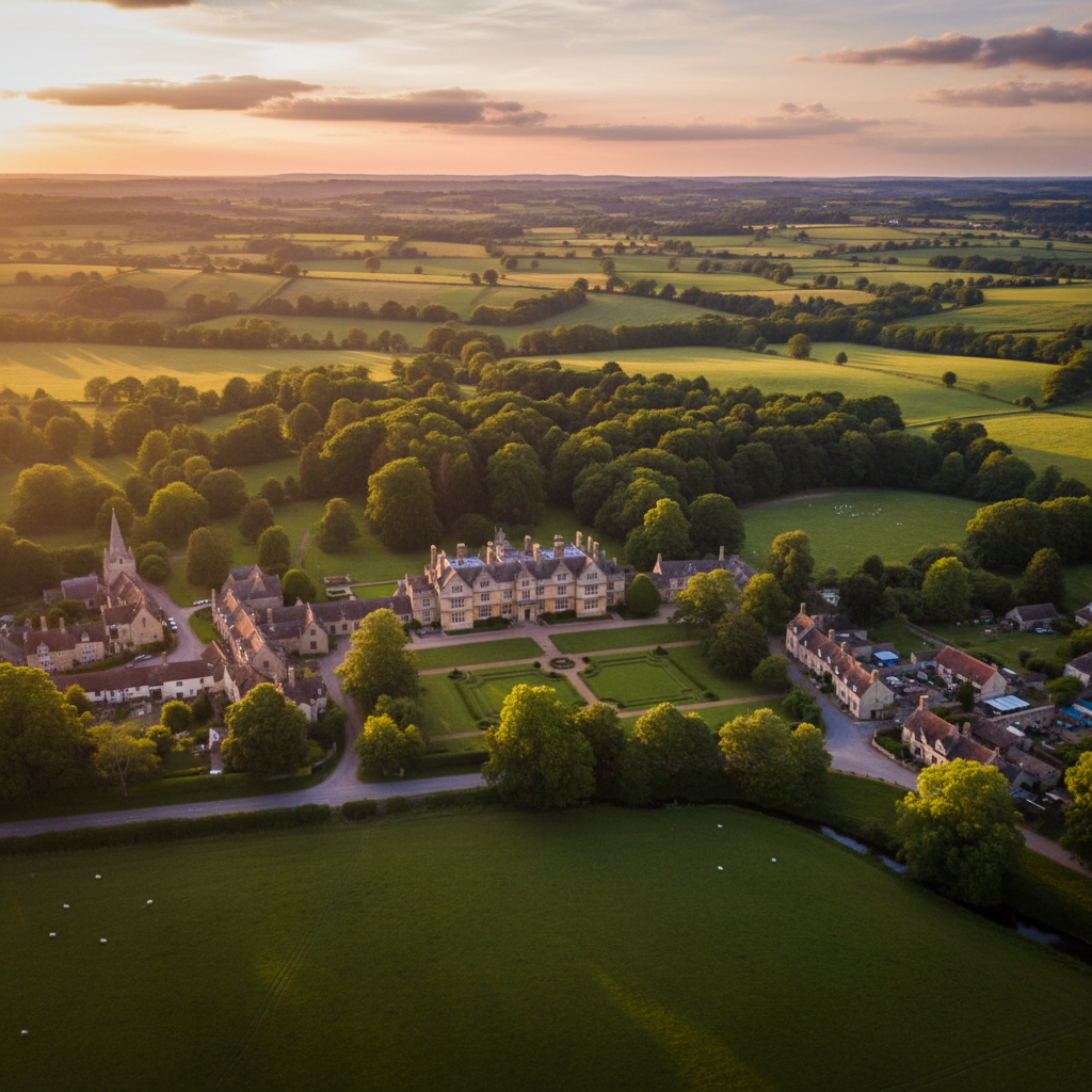 Aerial view of Mells, Somerset at golden hour
