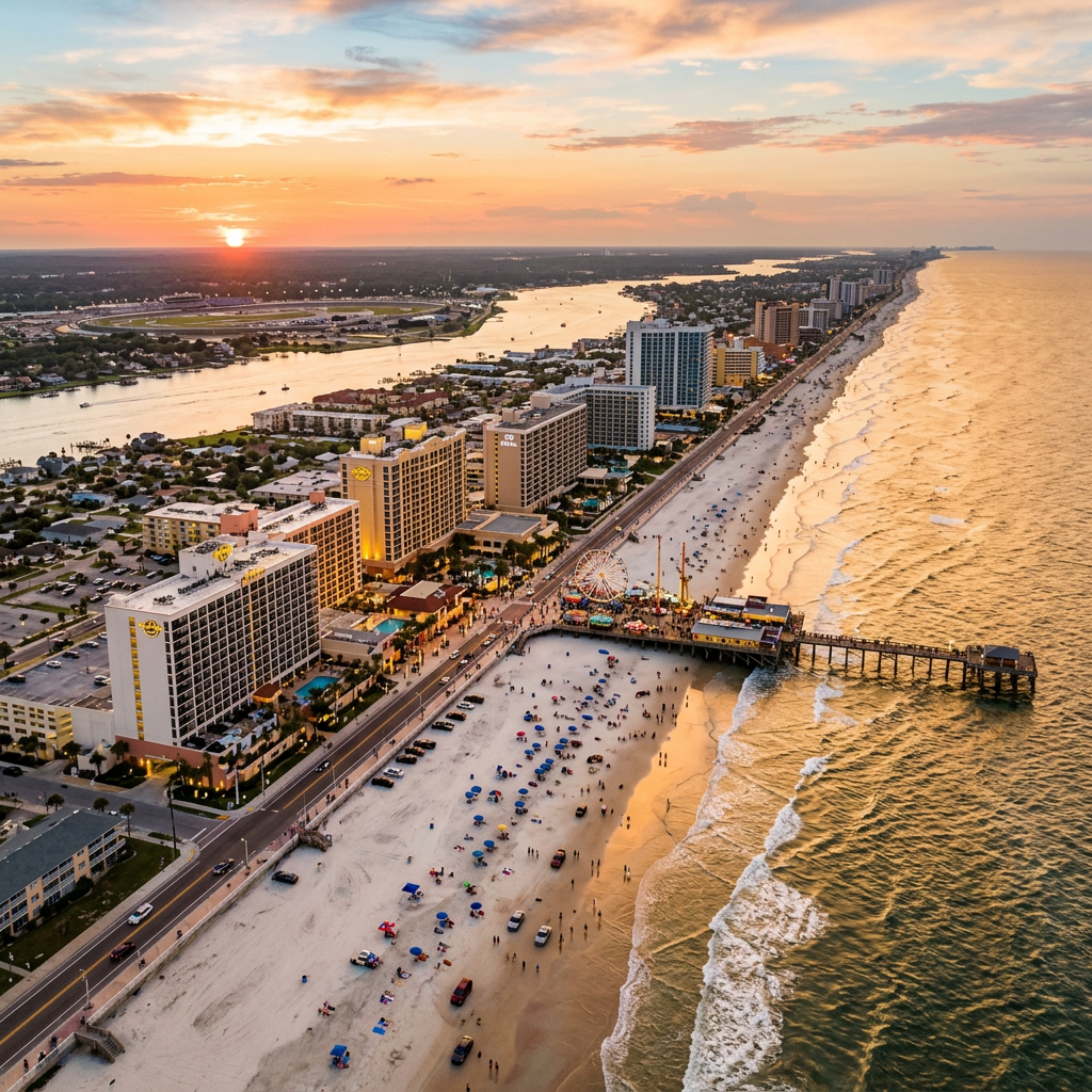 Aerial view of Daytona Beach Florida Atlantic shoreline at golden hour