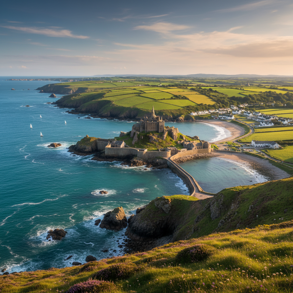Scenic coastline of Cornwall, England with rugged cliffs.
