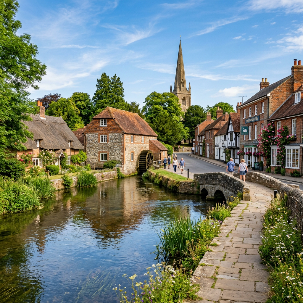 Scenic view of Alresford, England with lush countryside.