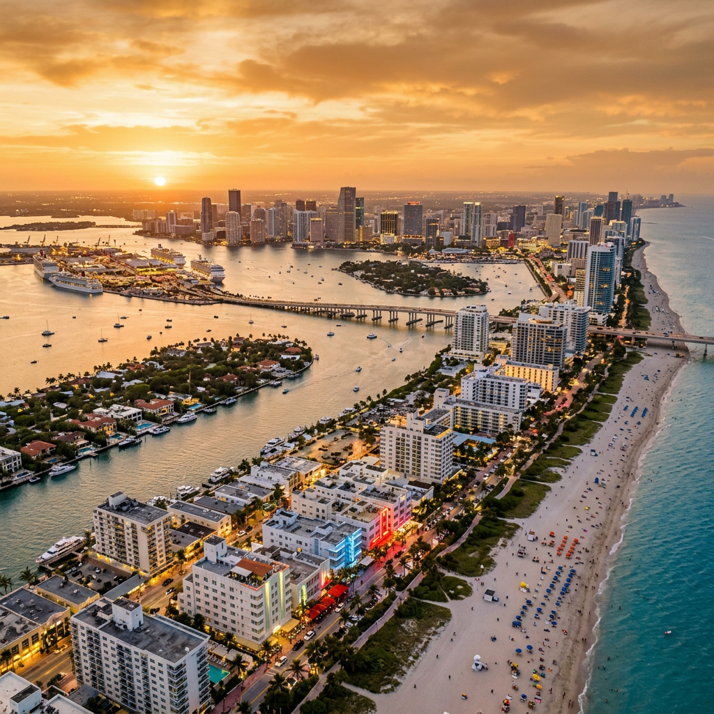 Aerial view of Miami beach and skyline at golden hour