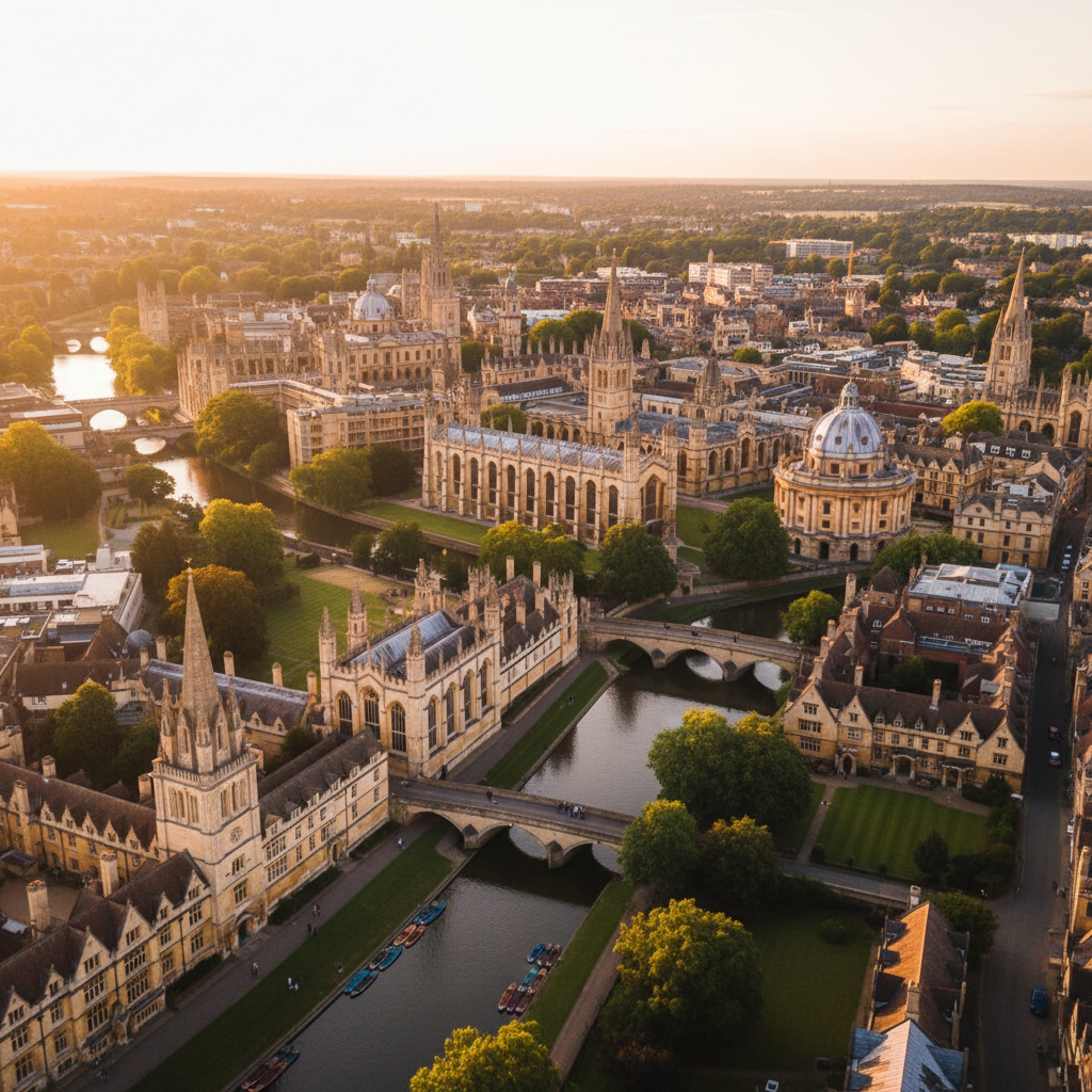Aerial view of Oxford dreaming spires at golden hour